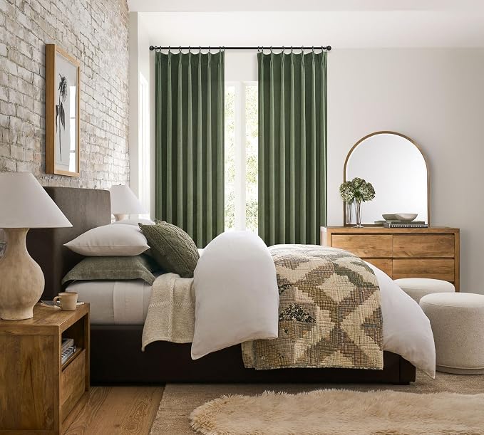 PleatedDrapes Vintage Moody Green Lodon Curtains for Living Room, Linen Blend Semi Sheer Pinch Pleated Drapes 108 Inches Long 2 Panels Set Light Filtering Privacy Window Olive Dark Academia Decor