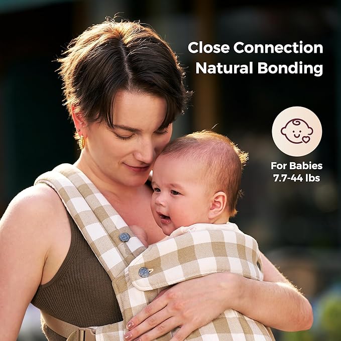 Momcozy Baby Carrier - Ergonomic, Cozy and Lightweight Carrier for 7-45lbs, Effortless to Put On, Ideal for Hands-Free Parenting, Enhanced Lumbar Support, Brown Checkerboard