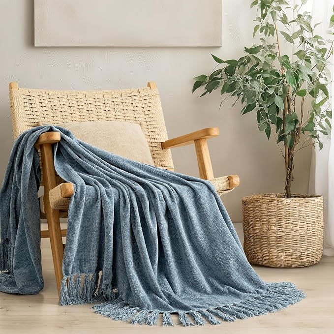 Chenille Knit Throw Blanket for Couch, 50"x60", Cloud Blue | Cozy Plush Fuzzy Knittd Throw with Tassels, Lightweight, Decorative, Farmhouse Decor, Ideal for Bed Sofa Gift, All Seasons