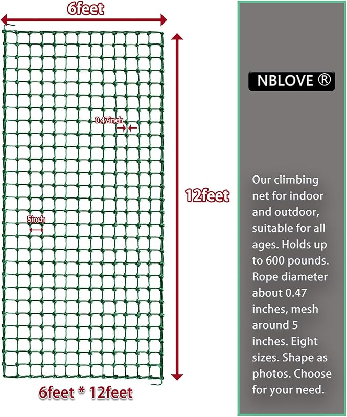Outdoor & Indoor Premium Climbing Net - 8 Sizes Polyester Fiber. Easy Install with Extras. Handcrafted & Practical. Ideal Gift. (6ft x 12ft)