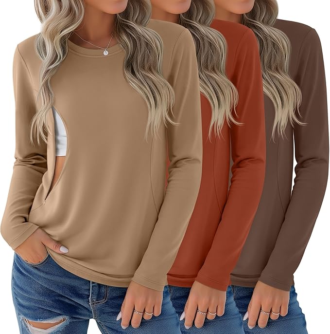 3 Pack Nursing Tops for Breastfeeding Maternity Shirts Zipper Long Sleeve Round Neck Knit Casual Nursing Clothes
