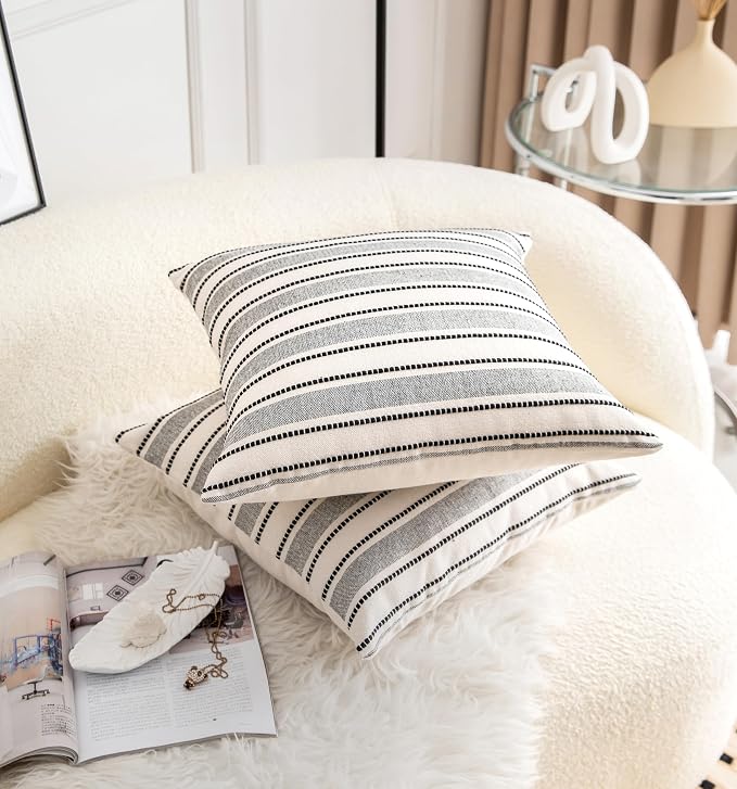 Cethom Decorative Boho Throw Pillow Covers, Farmhouse Textured Pillow Case, 18 x 18 Inch Set of 2, Chair Sofa Bedroom Living Room Home Decor Couch Cushion Case, Black and Beige Striped