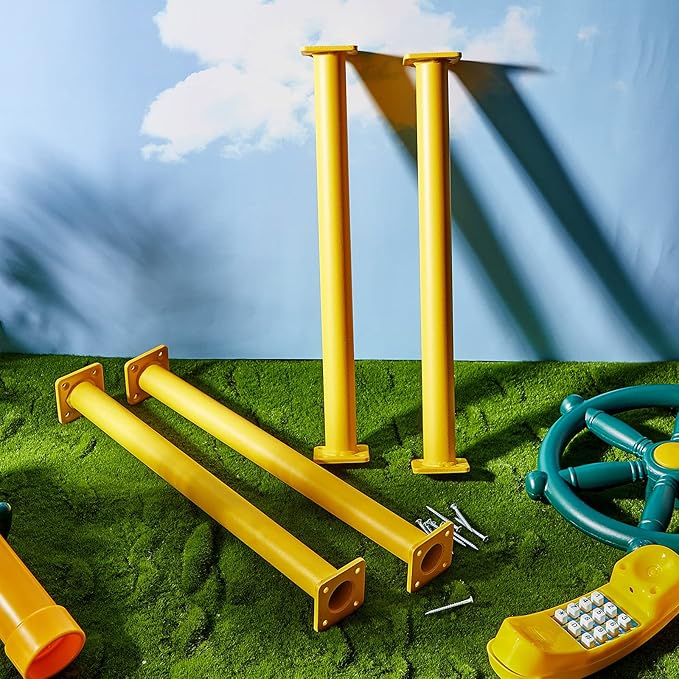 Dunzy 12 Pack Monkey Bars Swing Set Accessories Rods Playset Ladder Rungs Hardware Kit Steel Monkey Bar with Screws for Backyard Playground Equipment Mounting Plates(16.5 Inch,Yellow)