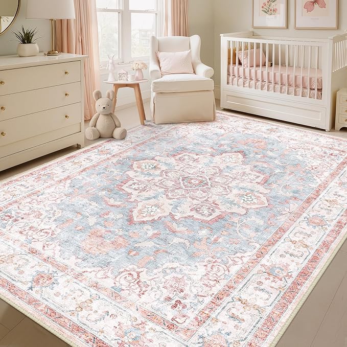 CAPALOCA 9x12 Washable Nursery Girls Low Pile Area Rug Pink Blue | Non-Slip Soft Rugs for Bedroom Kids Playroom Living Room, Print Pattern Water Repellent Carpet Indoor Decor