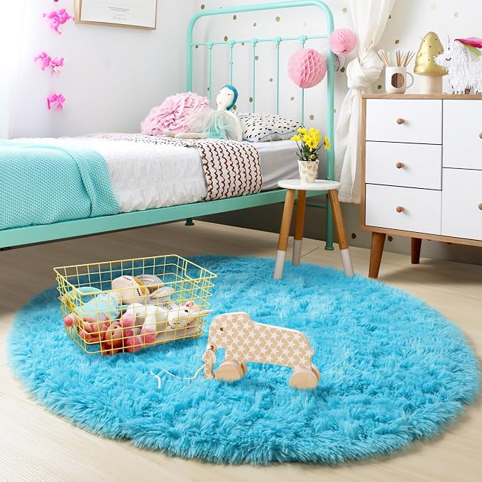 Amdrebio Blue Round Rug 5Ft for Bedroom, Fluffy Circle Area Rugs for Kids Room Baby Nursery Playroom, Living Room Decor Aesthetic, Plush Shaggy Fuzzy Turquoise Carpet for Apartment Preppy Classroom