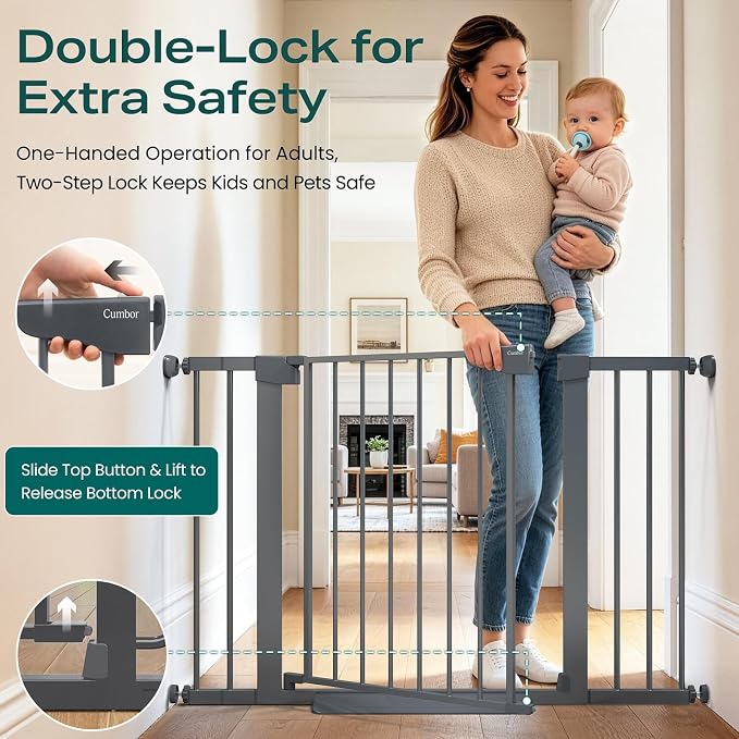 Cumbor 30-46" Baby Gate for Stairs, Auto-Close Dog Gate Indoor, Mom's Choice Awards Winner-Easy Install Pressure Mounted Pet Gates for Doorways, Dual Lock Safety Proofing for Babies & Pets, Cool Gray