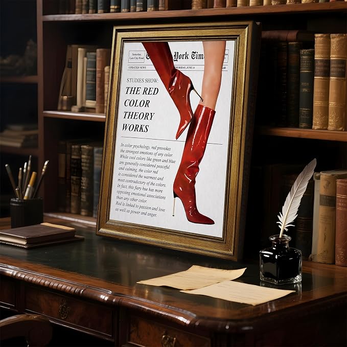 Vintage Color Theory Newspaper Poster Retro Fashion Red Boots Canvas Wall Art Funky Girl Room Decor Feminist Quote Print Wall Decor Aesthetic for Girly Bedroom Home Dorm 24x36inch Gold Framed