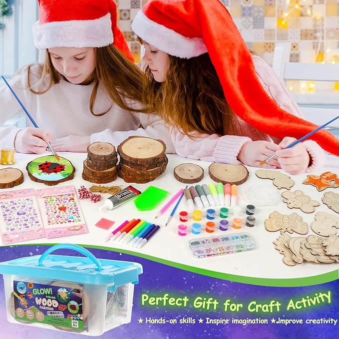 Natural Wooden Slices Painting Craft Kit, 16PCS Unfinished Wood Slices & 20Pcs Unfinished Wooden Ornaments, DIY Glow in The Dark Christmas Ornaments Craft for Decorations