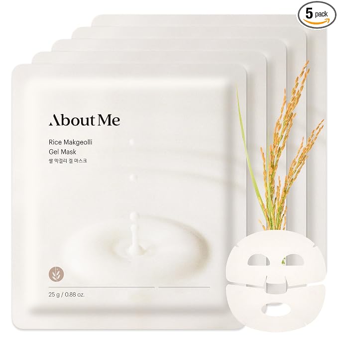 About Me Korean Rice Hydrogel Face Mask, Real Rice + Makgeolli, 5 Sheets | 13,000 ppm rice powder + galactomyces + niacinamide; non-drip 30-minute jelly fit; vegan, fragrance-free; glass-skin glow