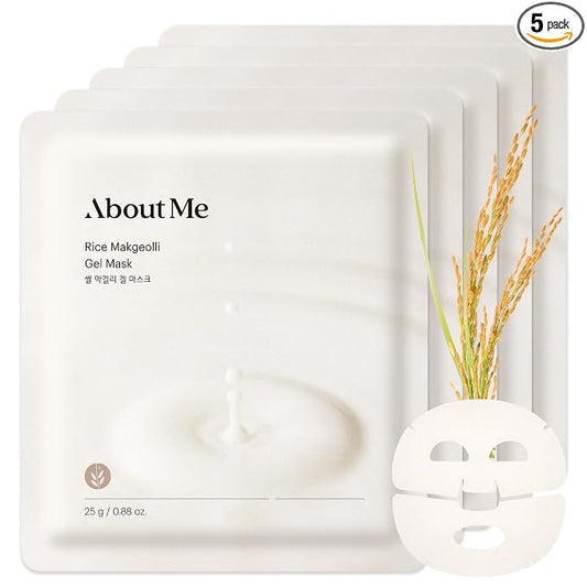 About Me Korean Rice Hydrogel Face Mask, Real Rice + Makgeolli, 5 Sheets | 13,000 ppm rice powder + galactomyces + niacinamide; non-drip 30-minute jelly fit; vegan, fragrance-free; glass-skin glow