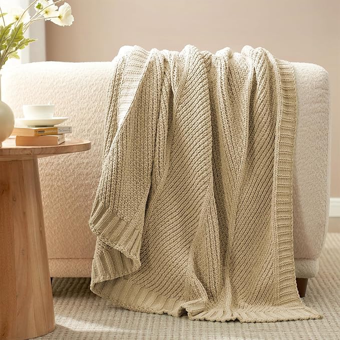 Knit Throw Blanket, Soft Chenille Cozy Breathable Chevron Chunky Decorative Blanket for Couch, Bed & Sofa, French-Inspired Lightweight Warm Gift for Women, Beige, 60"x80"