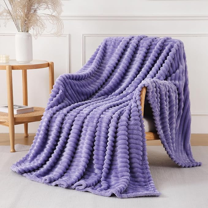 Lavender Throw Blanket for Couch Sofa 108x90 inches Striped Design | Fleece Blankets Room Home Decor Lightweight Plush Soft Cozy Gifts for Women Mom