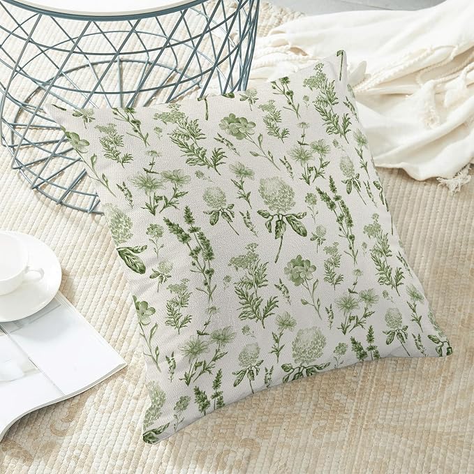 AEIOAE Sage Green Spring Pillow Covers 18x18 Inch Set of 2, Wild Flower Leaves Plant Throw Pillows Case,Seasonal Floral Outdoor Decorative Farmhouse Decor Cushion Covers for Home Sofa Bed Couch