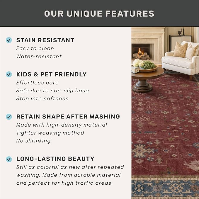Boho 2x7 Long Runners for Kitchen Floor - Washable Non Slip Indoor Floor Mats for Entryway, Hallway, Dark Red Floral Low Pile & Soft Runner Area Rug for Bedroom Beside Bed