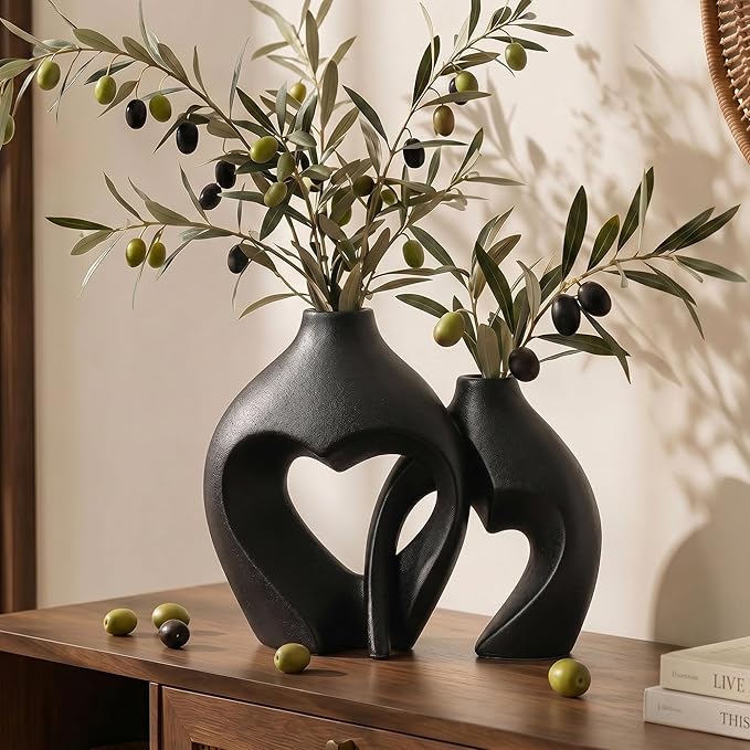 Black Ceramic Flower Vases Home Decor Heart Shaped Vase Set of 2 | Nordic Heart Shaped Vases Minimalist Decorative Vase for Table Centerpiece Wedding Dining Living Room Office House Decoration