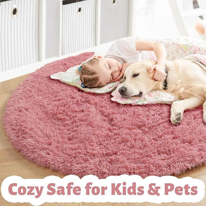 Blush Pink Big Round Rug 8Ft for Kids Bedroom, Large Fluffy Fuzzy Furry Circle Area Rugs for Girls Room Decor Aesthetic, Shaggy Circular Carpet for Baby Nursery Playroom, Cute Dusty Rose Mauve Rug