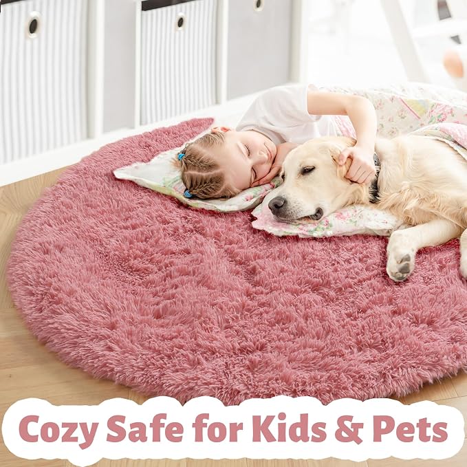 Blush Pink Big Round Rug 7Ft for Kids Bedroom, Fluffy Fuzzy Furry Circle Area Rugs for Girls Room Decor Aesthetic, Shaggy Circular Carpet for Baby Nursery Playroom, Cute Neutral Dusty Rose Mauve Rug
