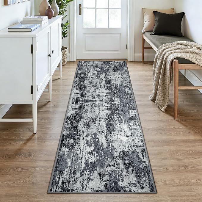 RELEANY Washable Runner 3'x8' Abstract Area Rug for Hallway Black White | carpet for kitchen, entryway, bathroom, living room, bedroom, printed pattern, non-slip, soft, stain-resistant, easy to clean