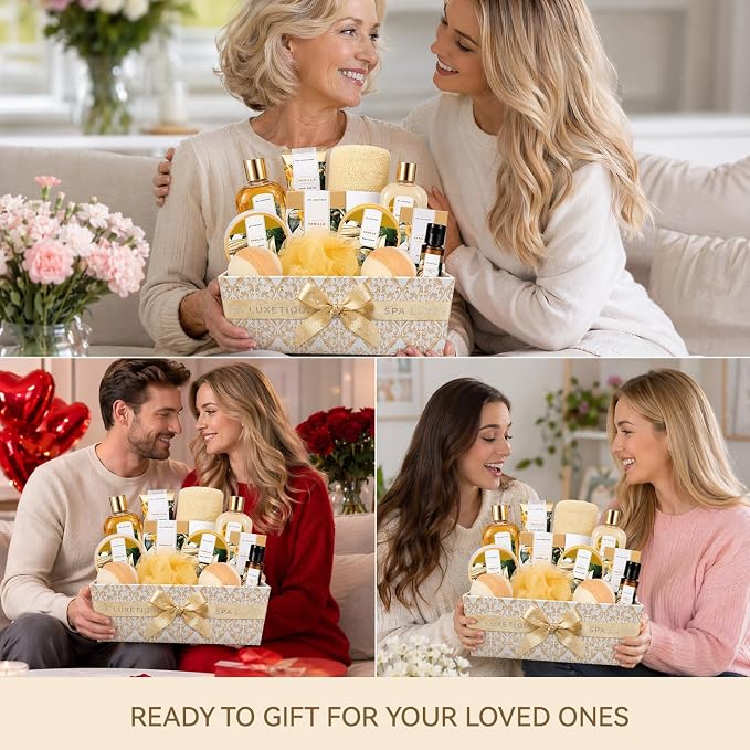 Spa Gift Baskets for Women, Luxetique Spa Kit for Women, 12pcs Vanilla Bath and Body Sets, Birthday Gifts, Self Care Gifts for Mom, Wife, Girlfriends