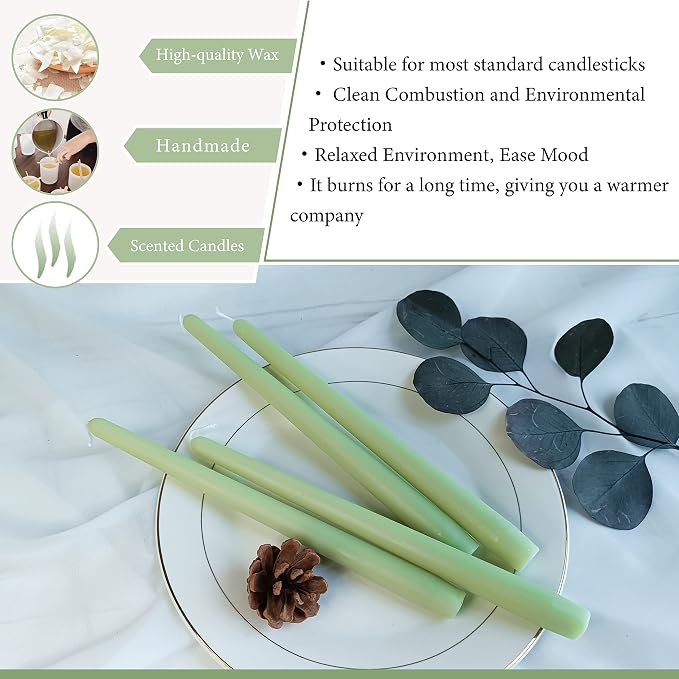 Cedar Scented Taper Candles 10'' Colored Candle Sticks Green Candles Set of 4 | Home Decor Kitchen Decor Wedding Decorations Candles