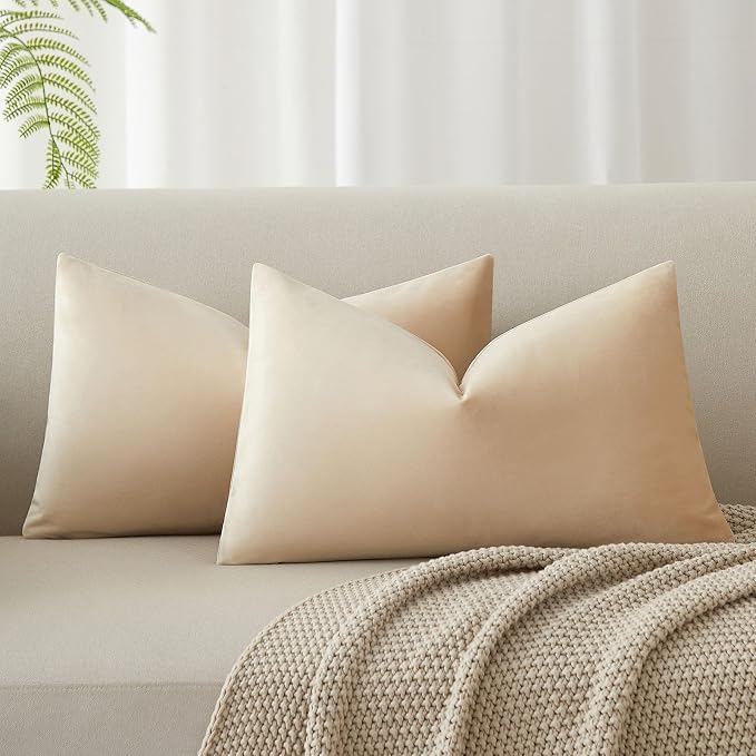12x20 Throw Lumbar Pillow Covers Decorative Cushion Covers Set of 2,Khaki | Soft Velvet Pillow Cases with Invisible Zipper for Modern Couch Sofa Bed Living Room Bedroom Home Decor