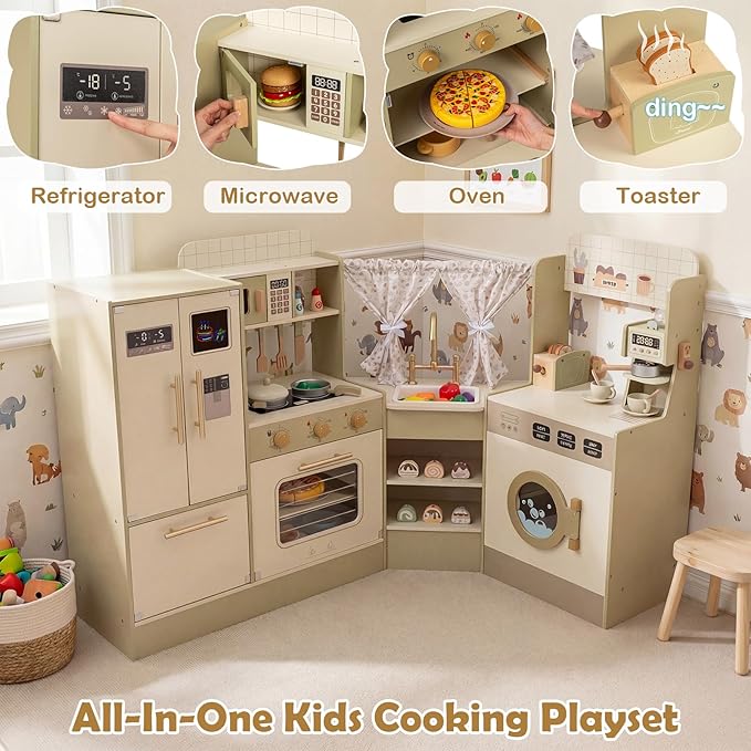 Costzon Kids Corner Play Kitchen, Pretend Play Kitchen Playset w/Stoves, Coffee Machine, Refrigerator, Microwave, Toaster & Accessories, Wooden Toy Kitchen Set for Boys Girls 3+