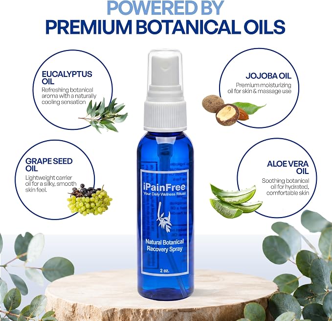 Natural Botanical Recovery Spray with Eucalyptus, Jojoba, Aloe Vera & Grapeseed Oils – Lightweight Topical Recovery Spray for Muscle & Joint Comfort & Massage (6 x 2oz Bottles)