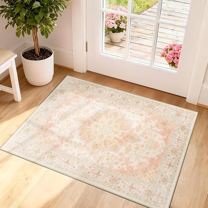 CAPALOCA 2x3 Washable Nursery Girls Low Pile Area Rug Pink Green | Non-Slip Soft Rugs for Bedroom Kids Playroom Living Room, Print Pattern Water Repellent Carpet Indoor Decor