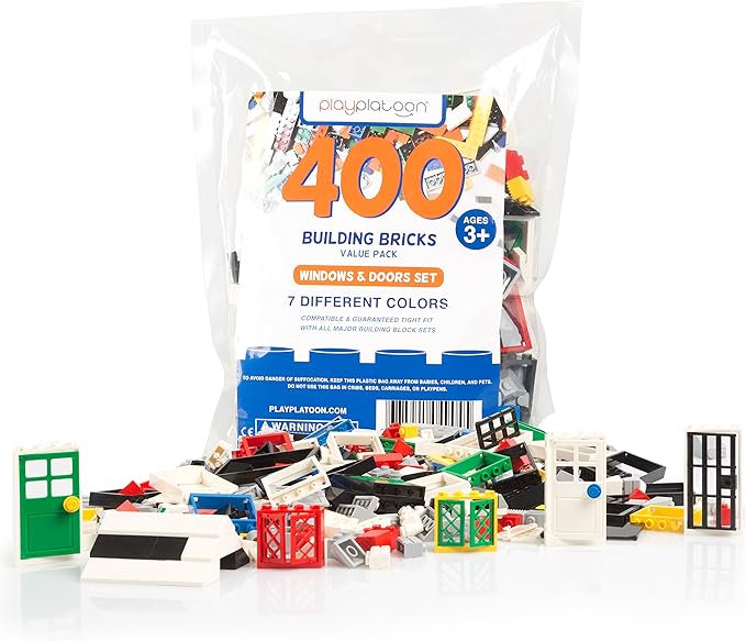 Play Platoon 400 Piece Windows, Doors, and Roof Tops Set - Building Brick Compatible Play Kit
