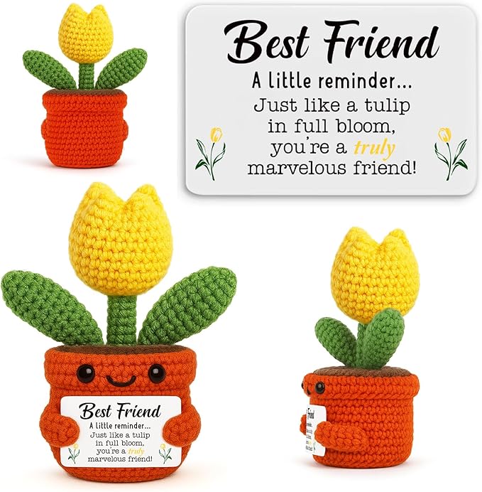 Mini Handmade Crochet Tulip Gifts for Friendship Support, Encouragement Gifts for Best Friend Bestie Coworker, Positive Thank You Gift for Birthday Christmas Thanksgiving, Inspirational Tulip for Desk