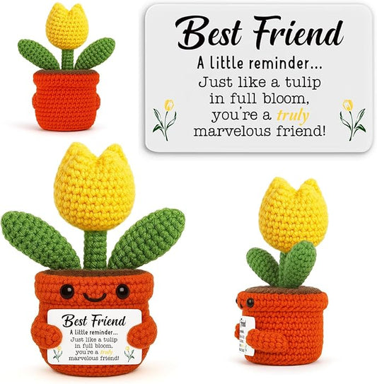 Mini Handmade Crochet Tulip Gifts for Friendship Support, Encouragement Gifts for Best Friend Bestie Coworker, Positive Thank You Gift for Birthday Christmas Thanksgiving, Inspirational Tulip for Desk