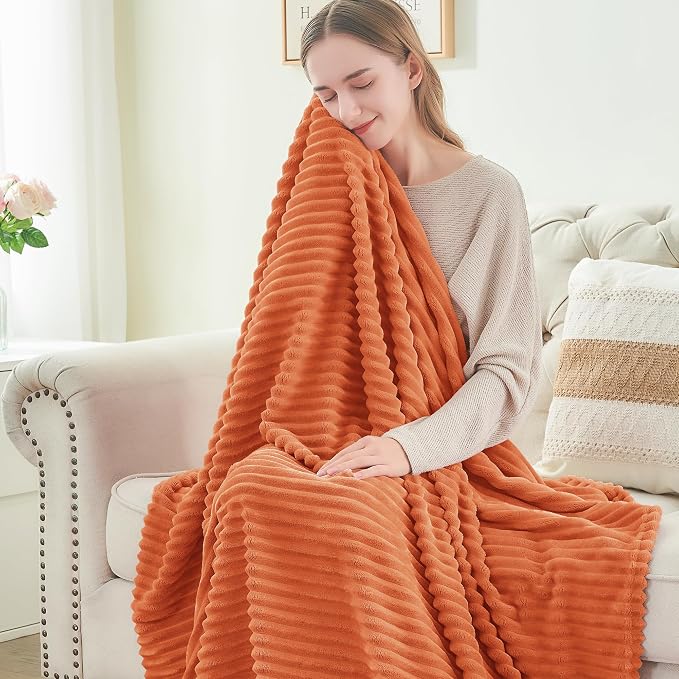 BEDELITE 3D Ribbed Burt Orange Fall Throw Blanket for Couch, 50x60 Inch | Soft Warm Decorative Fluffy Blanket, Cozy Plush Lightweight Fuzzy Throw Blanket for Bed Sofa Room Fall Decor, Gift for Women