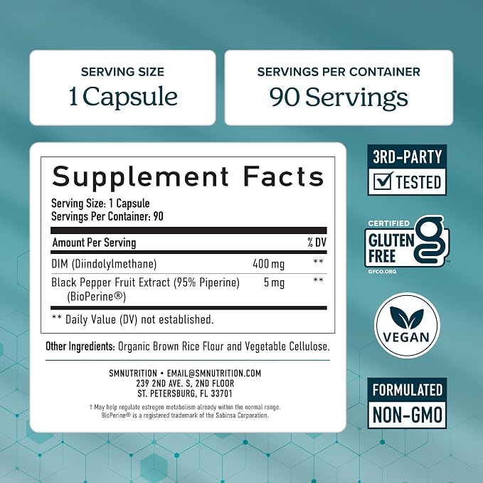 DIM Supplement 400MG Extra Strength | Hormone Balance for Men and Women | Menopause, Acne, Hot Flashes Relief, Prostate & Antioxidant Support | Third-Party Tested, Soy-Free, Gluten-Free | 90 Ct.
