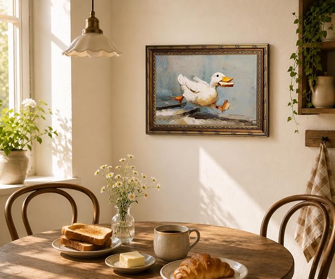 Gold Framed Funny Duck Wall Art Rustic Cottagecore Animal Wall Decor Print | Farmhouse Animal Painting Whimsical Duck Canvas Poster for Kitchen Bathroom Living Room Bedroom, 16x24 Inches