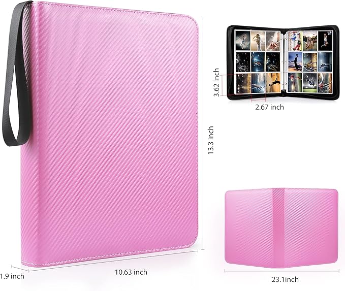 WOT I Trading Card Binder, 900 Pockets Baseball Card Binder Sleeves with Zipper, Double Sided Pockets Card Holder Carry Card Case for Baseball Card, Football Card(Pink), WO-CB-9-9