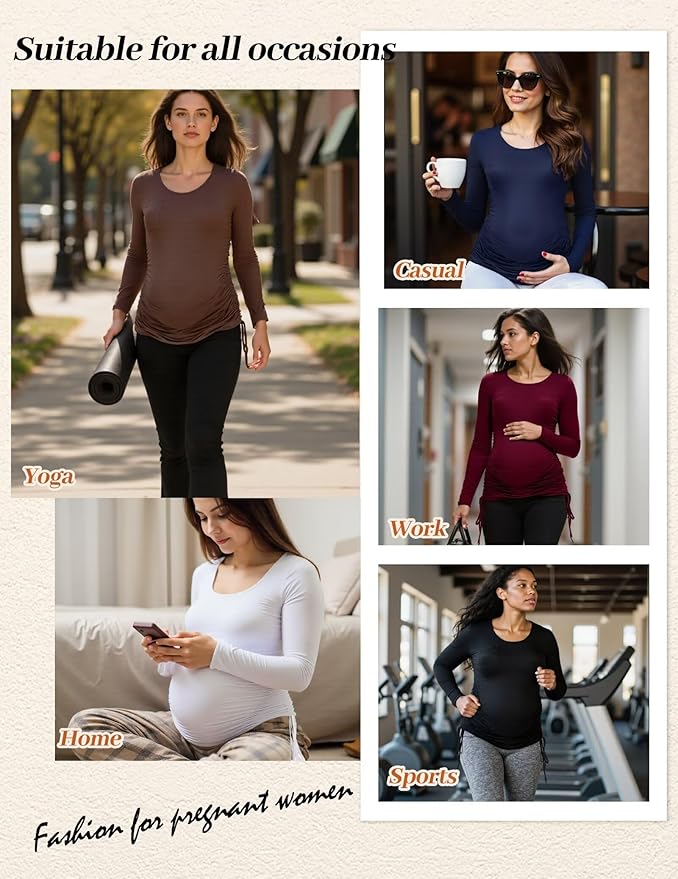 Fotociti Maternity Shirts Long Sleeve, Pregnancy Side Ruched Tops,Women’s Clothes for Mama Work Casual Yoga Wearing