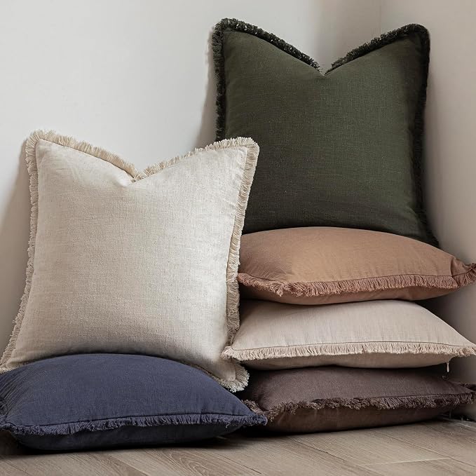 Foindtower Set of 2 Decorative Linen Fringe Throw Pillow Covers Cozy Farmhouse Cushion Cover with Tassels Accent Pillowcase for Couch Chair Sofa Bed Living Room Home Decor,18×18 Inch,Dark Olive Green