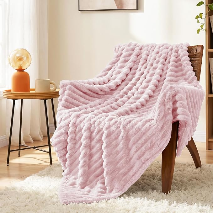 Pink Twin Blanket for Bed & Couch, 60 x 80 Inch | 300GSM Ribbed Fleece Blanket, Soft, Cozy & Lightweight, OEKO-TEX Certified, All-Season Use for Travel, Dorm & Home Decor