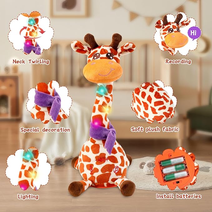 LUKETURE Musical Dancing Talking Giraffe Plush Toy, Yellow and White Spotted, Talking Baby Toy with Lights, 10 Songs and Voice Repeat, Soft Sensory Gift