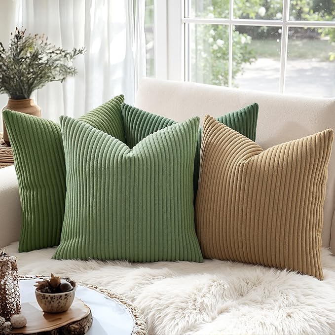 MIULEE Decorative Corduroy Throw Pillow Covers Set of 2 18x18 Khaki | Soft Striped Textured Cushion Cases, Boho Rustic Square Pillowcases for Home Decor, for Couch Chair Sofa Bed Living Room