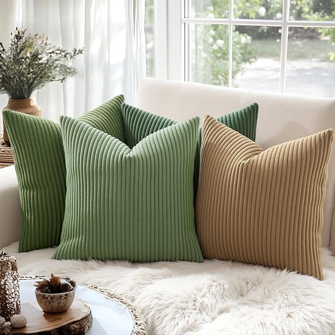 MIULEE Decorative Corduroy Throw Pillow Covers Set of 2 18x18 Moss Green | Soft Striped Textured Cushion Cases, Boho Natural Greenery Pillowcases for Home Decor, for Couch Chair Sofa Bed Living Room