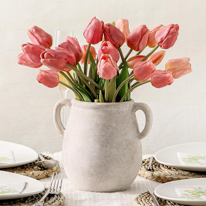 Vanselia Ceramic Flower Vase Home Table Decor Living Room Farmhouse 7.1 in | Small White Rustic Decorative Flowers Vases Plant Modern Decoration for Kitchen Shelf Coffee Dining Centerpieces Desk