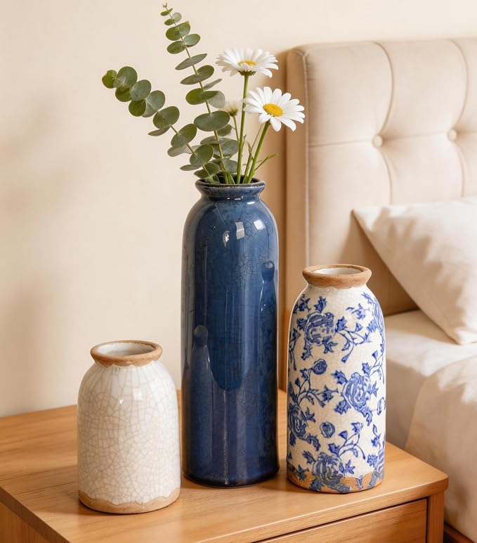 Vintage Ceramic Vase Set of 3, Blue and White Small Flower Vase Chinoiserie Rustic Modern Farmhouse Centerpiece Decorative Vases for Table Entryway Bookshelf Living Room Kitchen Home Decor