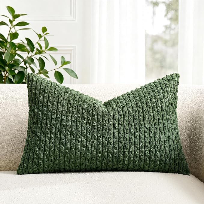 Kevin Textile Soft Corduroy 12"x24" Lumbar Pillow Cover 1 Pack, Moss Green | Boho Stripe Plush Corduroy Decorative Oblong Cushion Cover Modern Farmhouse Home Decor for Sofa Couch Bed Chair