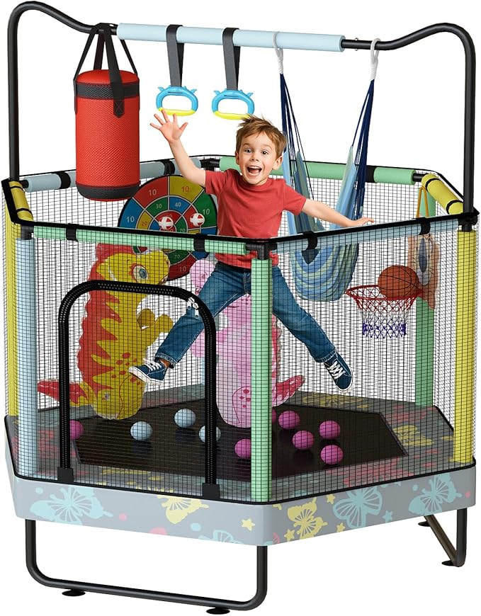 LAMERGE 55" 7-in-1 Round Trampoline for Kids Boys & Girls Ages 1-8, Indoor & Outdoor Trampoline for Fun, Adjustable Height Handrail ＆ Enclosed Safety Net ＆ Durable Designs for Toddlers Children