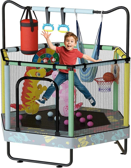 LAMERGE 55" 7-in-1 Round Trampoline for Kids Boys & Girls Ages 1-8, Indoor & Outdoor Trampoline for Fun, Adjustable Height Handrail ＆ Enclosed Safety Net ＆ Durable Designs for Toddlers Children