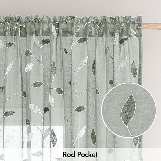 MIULEE Sage Sheer Curtains 2 Panels Embroidered Leaf Patterned Rod Pocket Floral Semi Sheer Faux Linen Window Curtains Drapes Set for Living Room Bedroom Dining Room, 52x96 Inches Long