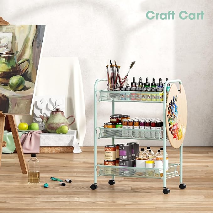 TOOLF 3 Tier Rolling Cart, Metal Utility Storage Cart with Wheels, Green | 3 Hooks, Screwless Assembly, Trolley Organizer for Bathroom, Kitchen, Office, Nursery, Dorm, Laundry Room