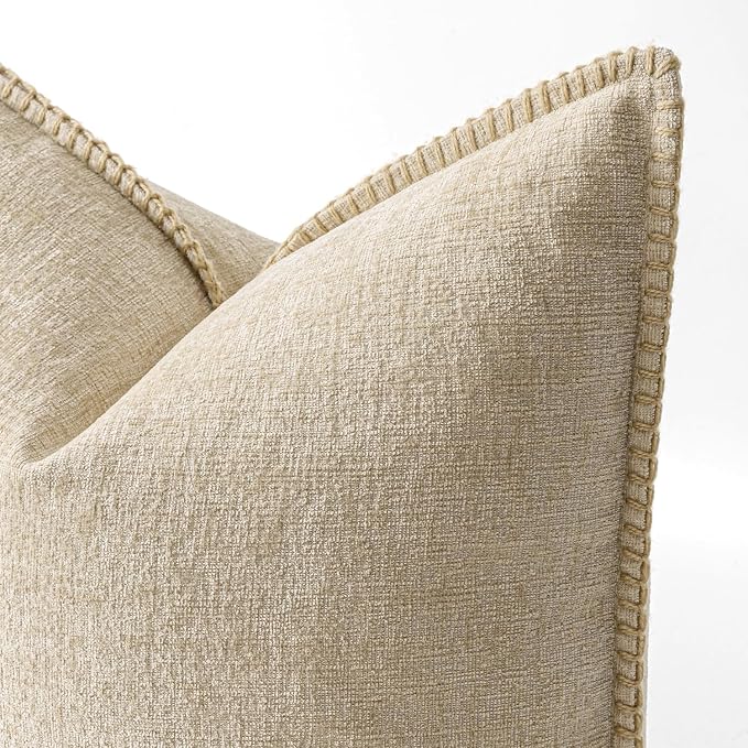 MIULEE Decorative Couch Throw Pillow Covers 22x22 Inch Beige 2 Pack | Neutral Farmhouse Pillow Covers with Stitched Edge, Soft Chenille Cushion Cases, for Sofa Bed Living Room Home Decor