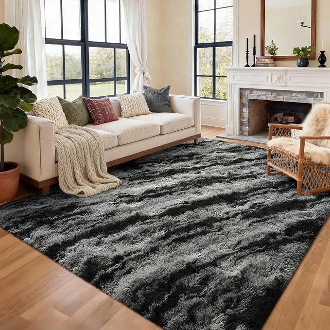 Area Rugs for Living Room, 5x7 Feet Soft Fluffy Shagg Plush Rug High Pile Large Non-Slip Floor Carpet for Bedroom Nursery Dorm Decor Aesthetic Black